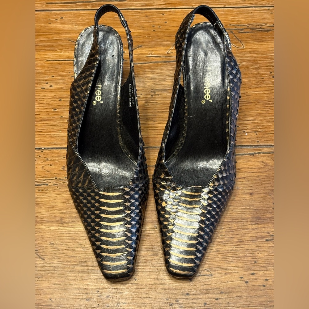 Black and Gold Snakeskin Textured Slingback  Heels